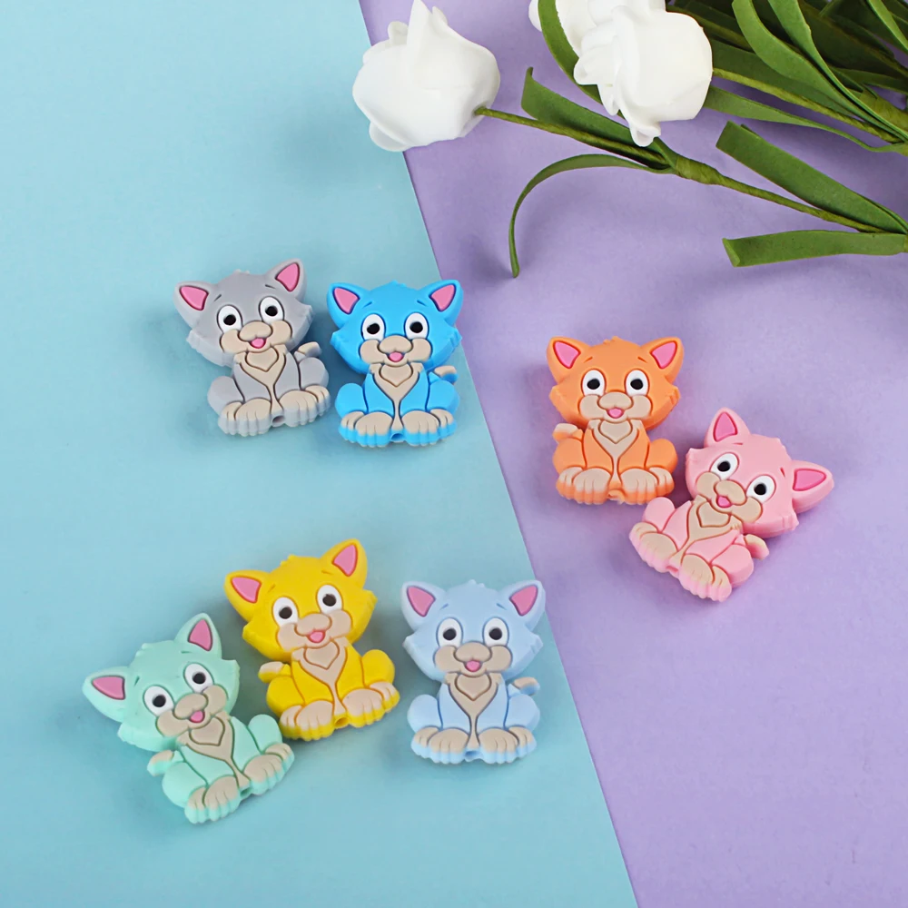 Keep&Grow 10pcs Cartoon Dog Cat silicone beads Baby Teether DIY Toy Necklace Pendant Rodent Pacifier Chain children's products