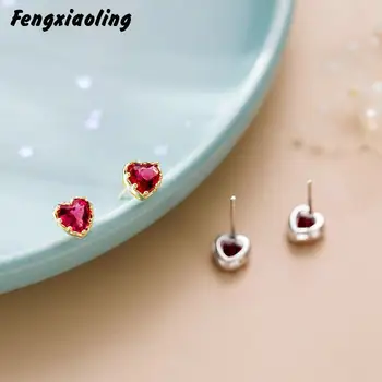 

Fengxiaoling New Arrivals 100% 925 Sterling Silver Red Cubic Zirconia Heart Earrings For Women Simple Cute Stud Earrings Jewelry