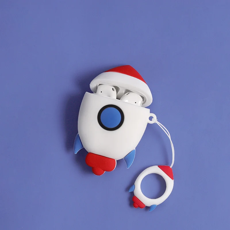 Чехол для наушников с 3D рисунком ракеты для Apple AirPods 1 2, bluetooth-гарнитура, зарядная коробка, милый мягкий силиконовый чехол с кольцом-ремешком