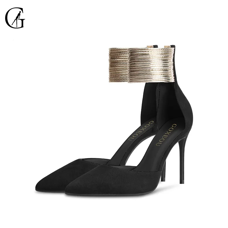 GOXEOU Women's Pumps Flock D'Orsay Ankle Strap Pointed Toe Zipper High Heels Party Ball Fashion Office Lady Sandals Size 32-46 | Обувь