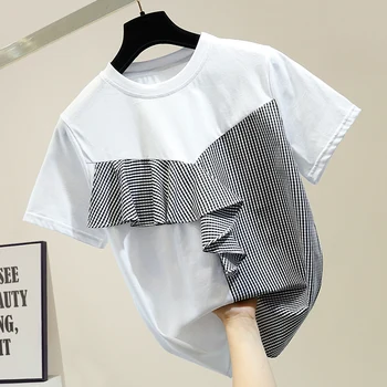 

Fashion Color Ruffled Splicing Irregular Short Sleeved T-shirt Female Summer Top White Black T Shirts Tees Ladies Tops Blusas