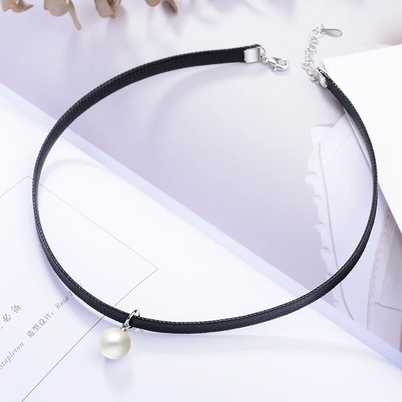

100% 925 Sterling Silver Elegant Pearl Female Choker Necklace Promotion Jewelry Women Short Black Rope Chains Girls Gift