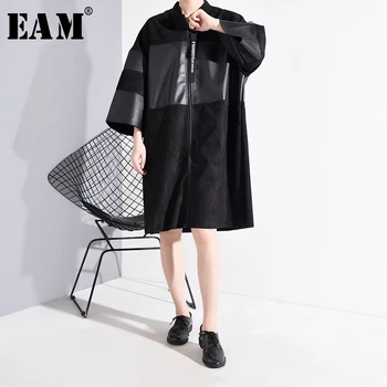 

[EAM] Loose Fit Pu Leather Stitch Big Size Jacket New Stand Collar Three-quarter Sleeve Women Coat Fashion Spring 2020 JC25301