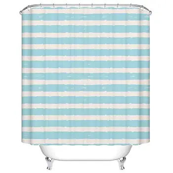 

Hook Shower Curtain Set, Horizontally Striped Pattern, Pale Blue and Off White, Bathtub Decorative Bath Curtain, Fabric Bathroom