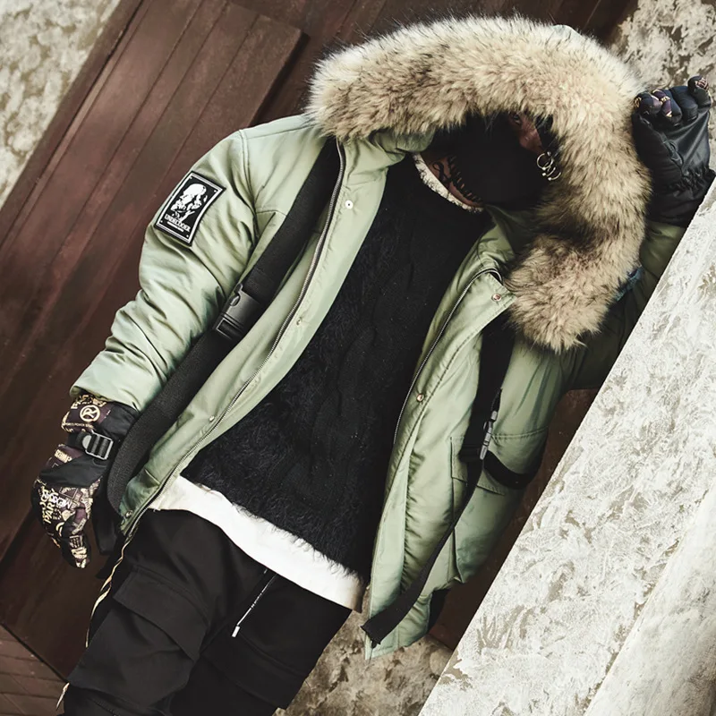 

Men Winter Warm Thick Fur Collar Ribbon Hooded Parkas Jacket Male Streetwear Hip Hop Cotton Padded Coat Fashion Overcoat
