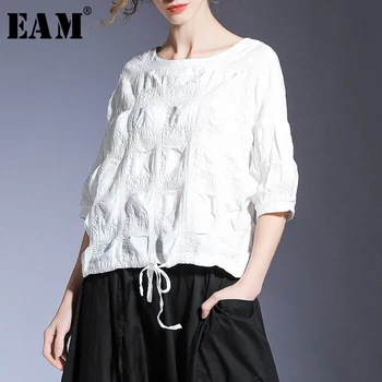 

[EAM] Women White Pleated Temperament Big Size T-shirt New Round Neck Three-quarter Sleeve Fashion Spring Summer 2020 1T732