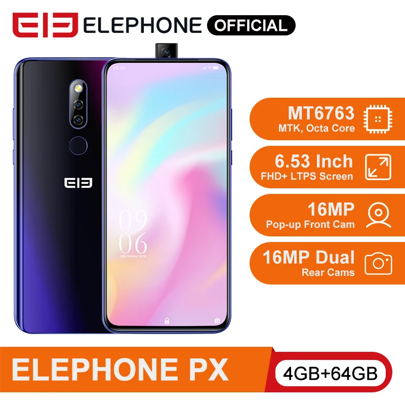  ELEPHONE PX Helio MT6763 Octa Core Smartphone 4GB 64GB 6.53'' FHD+ Screen 16MP Pop-Up Front Cam 330