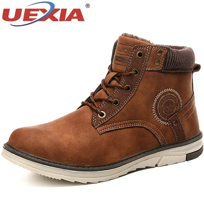 UEXIA Male Shoes Men Boots 2019 Winter Warm Plush Fur Snow warm Non-slip Men Lace-Up Suede Leather Sneakers Non-slip botas shoes