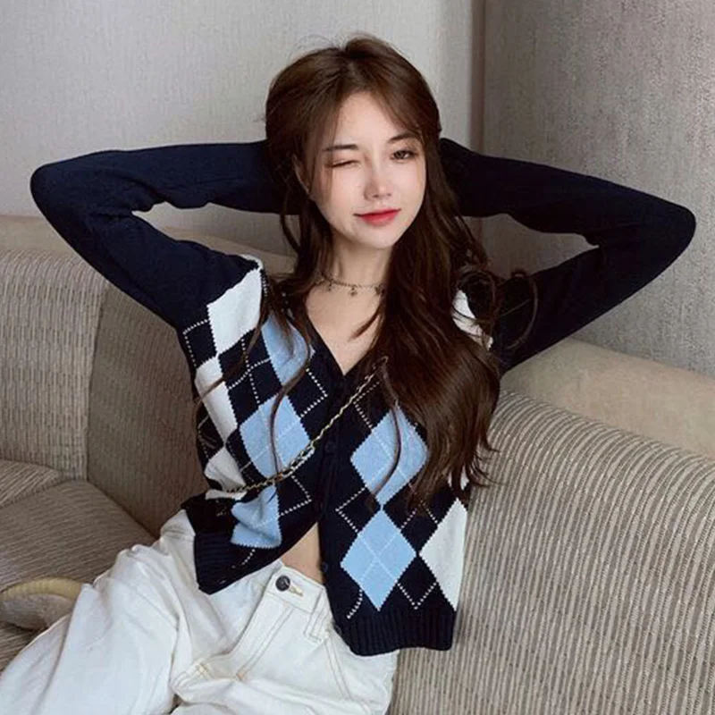

Argyle Cardigan Sweater Short Female Knitted Cropped Jacket Ladies Jumper Long Sleeve Crop Top Autumn Winter Women 2020 Clothes
