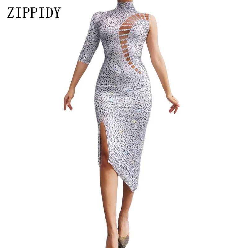 Блестящее белое платье AB Стразы эластичное вечернее на день рождения костюм для