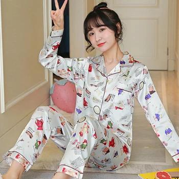 

Silk Pajamas for Women's Set pyjamas Button Pigiama Donna pjs Winter Mujer Pijama Sleepwear Nightwear Pizama Damska 2Pcs