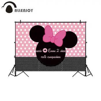 

Allenjoy Black Mouse Photophone Wave Points Bow Sweet Children Birthday Party Photo Backdrops Cake Table Decoration Background