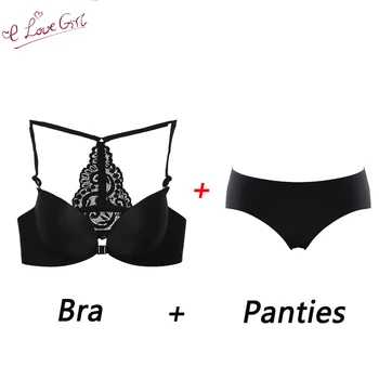 

Elovegirl Sexy Bra, Front Closure Bra, Y-straps, Embroidered Underwear, Black Lace Supporting Underwear Set Solid Color Bras Set