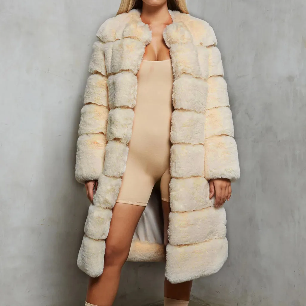 Beige Плотное очень теплое пальто с мехом длинная Меховая куртка с длинными рукавами из искусственного меха Зимние Модные женские Шубы из искусственного меха Верхняя одежда пальто больших размеров - Цвет: Beige