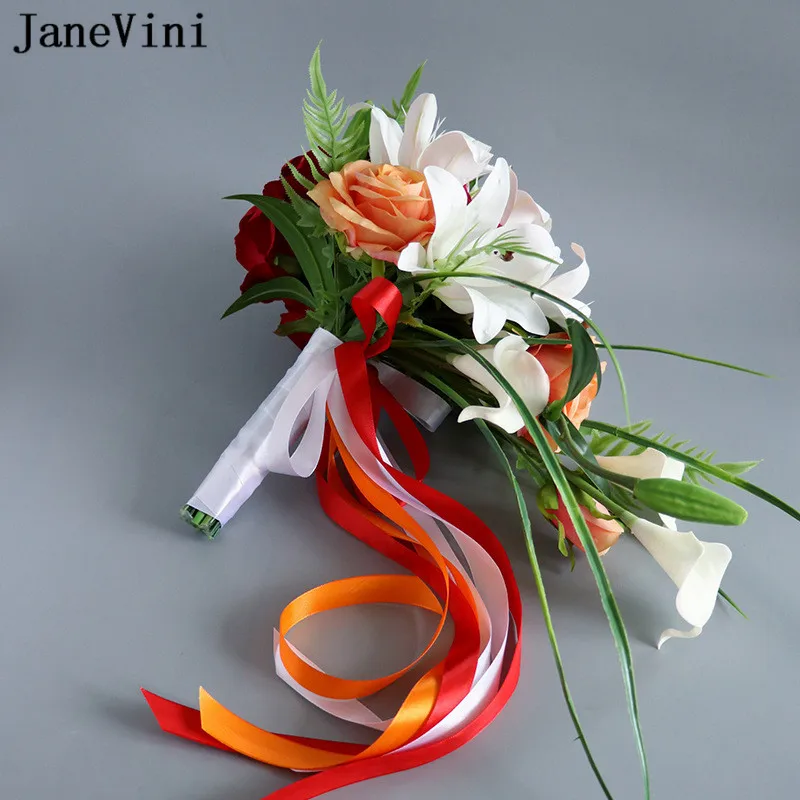 JaneVini Elegante Orange Rose Wasserfall Hochzeit Bouquet Künstliche Weiße Lilie Braut Blumenstrauß Blumen Halten Kunstbloemen Boeket