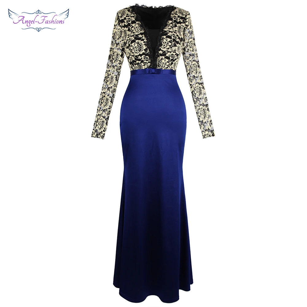 Женское кружевное вечернее платье Angel fashions синее атласное с длинным рукавом V