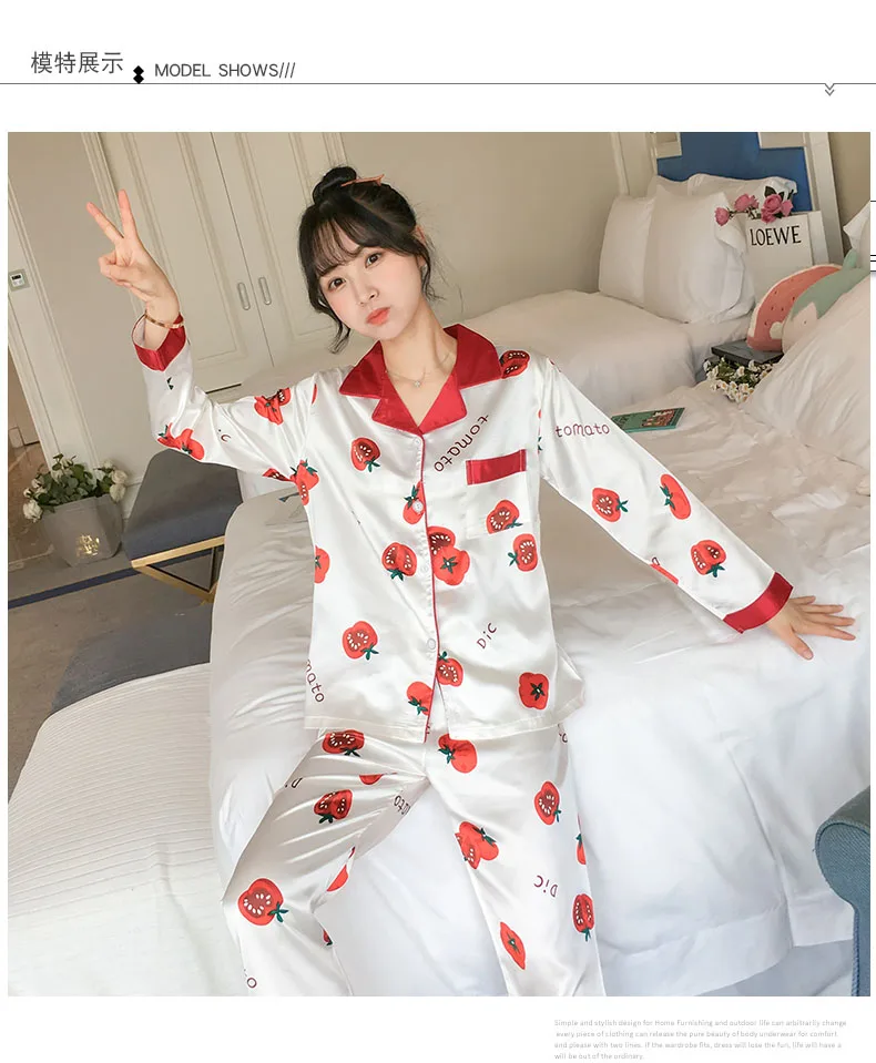 Рождественская Пижама, Женская атласная шелковая пижама, осенняя Повседневная Пижама с длинным рукавом, Ночная одежда, милая Домашняя одежда, мультяшный пижамный комплект