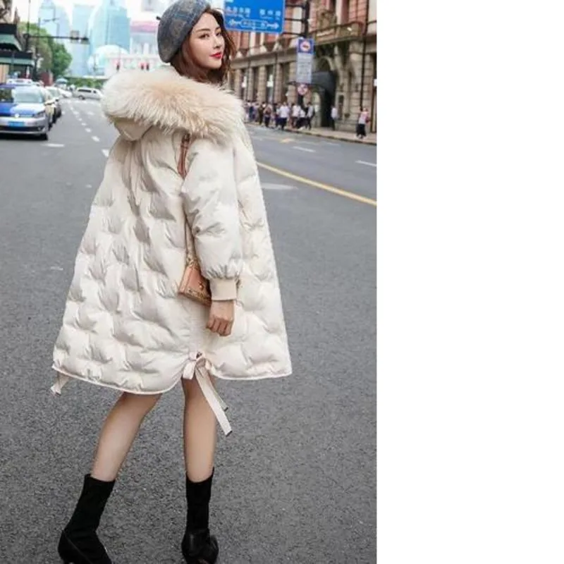 Beste Kunstmatige Haar Kraag Borduurwerk Donsjack Vrouwen Solid Winter Lange Jas Met Boog Manteau Femme Hiver Kleding Plus Size Parker