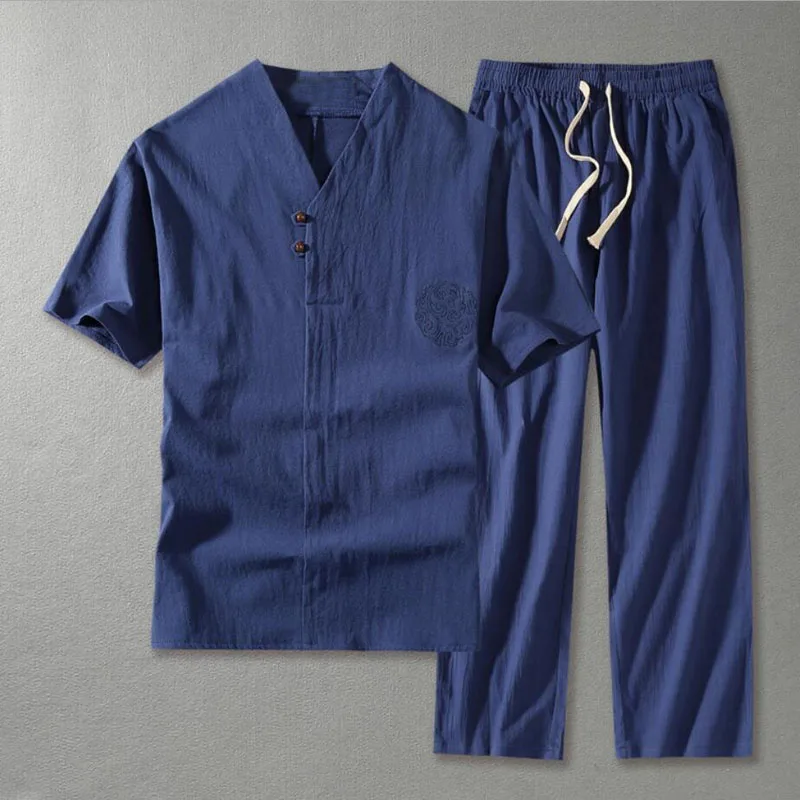 Men's Clothing Large Size Home Husband 2021 New Summer Suit Linen t-shirt Fashion Male Set Chinese Style 8XL 9XL plus Two Pieces 2
