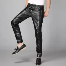 Мужские прямые длинные корейские модные повседневные мотоциклетные уличные узкие брюки со средней талией из натуральной кожи мужские брюки