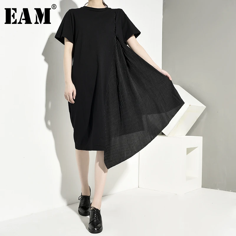 

[EAM] Women Black Dot Print Asymmetrical Dress New Round Neck Short Sleeve Loose Fit Fashion Tide Spring Autumn 2019 JT0720
