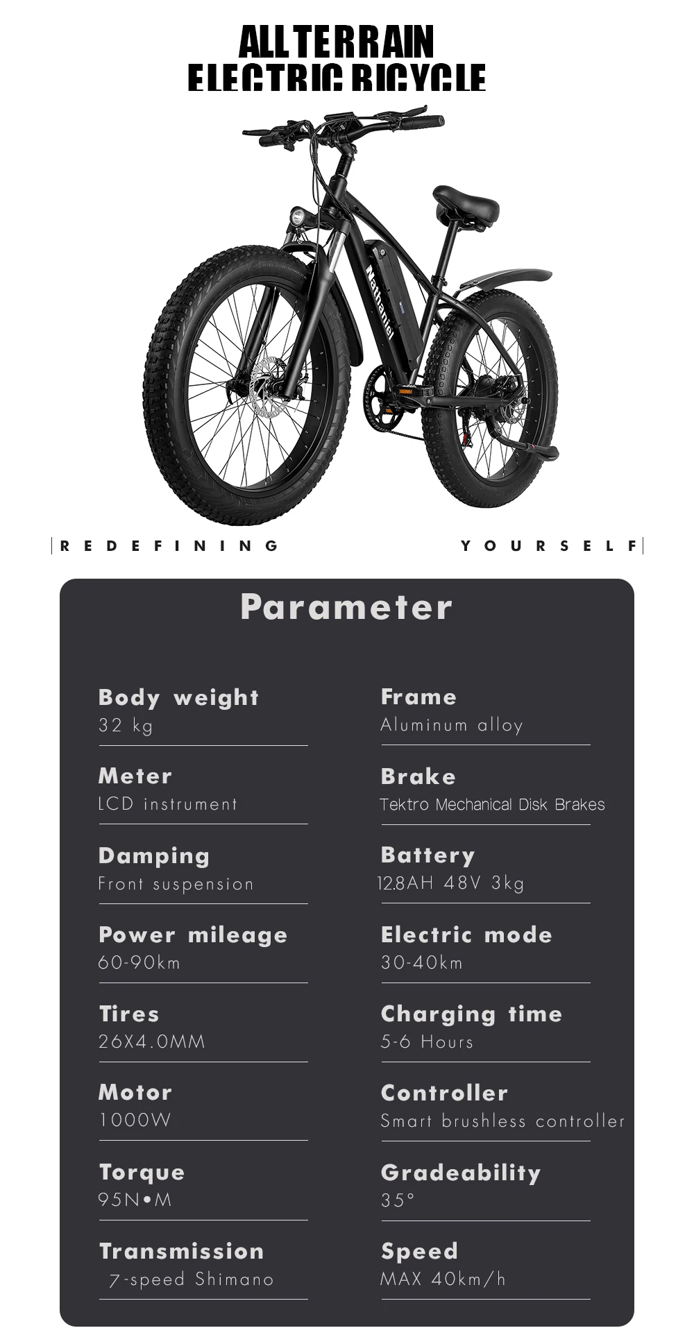 Electric Bike 26''Fat Mountain Bike 1000W Adult ebike 48V 17Ah Lithium Battery 4.0 Tire Men's Electr Bicycle Cruiser Snow e-bike