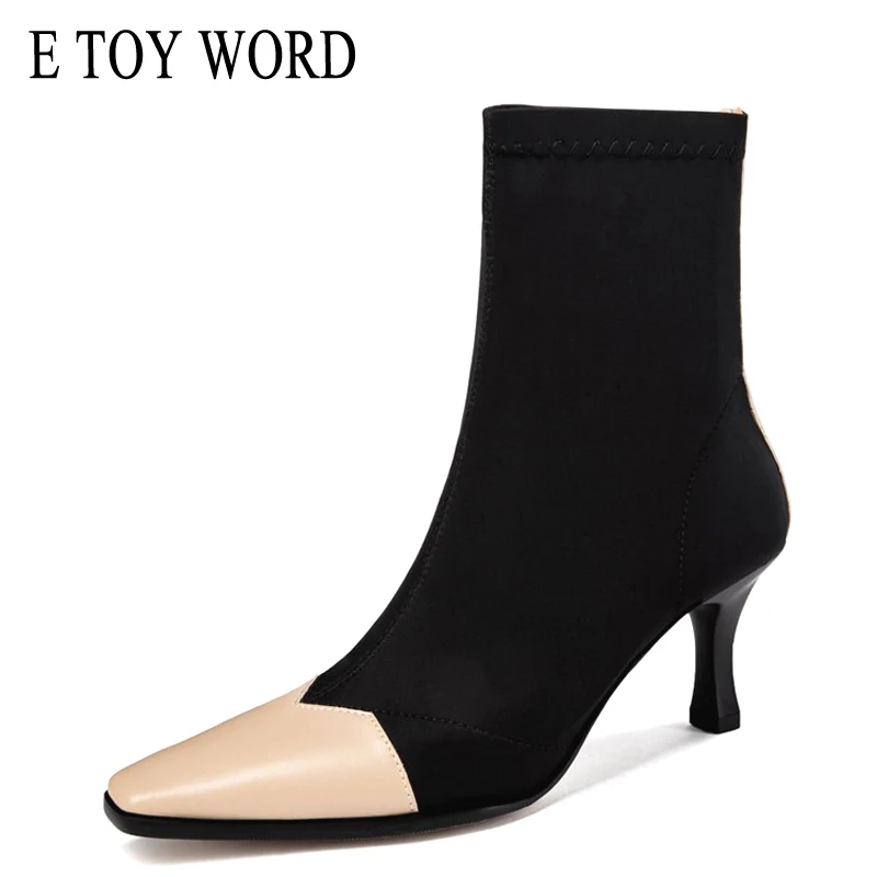 

E TOY WORD Fashion Spring Autumn Boots Chelsea High Heels elastic Boots Women square toe Ankle Socks Boots 2019 New Women Shoes