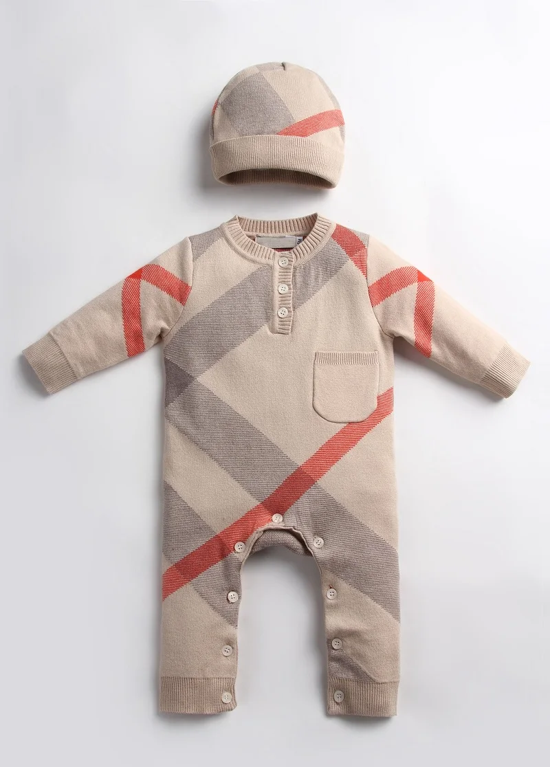 clothes with cap Одежда для новорожденных комплект с длинными рукавами на зиму, осень и весну, Комбинезоны на возраст от 0 до 3 месяцев, вязаные комбинезоны в клетку, Вязаная хлопковая одежда шапка - Цвет: clothes with cap