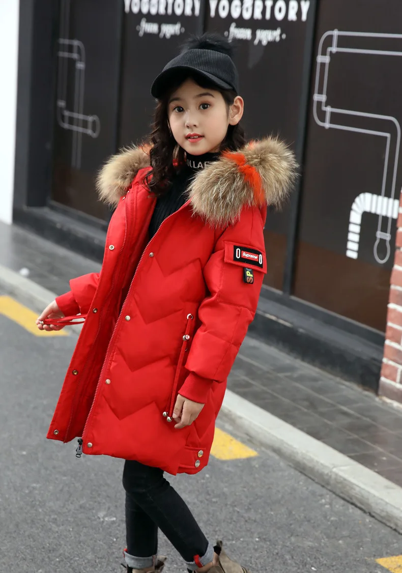 Red Kid Girl Winter Jacket Clothing Russian Winter-30 degreens Thick 5-14 Years Down Colored Nature Fur Coat Children's Clothes - Цвет: Red