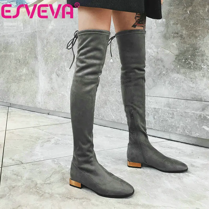 

ESVEVA 2020 Women Women Over The Knee Boots Winter Women Boots Low Heel Elastic Lace Up Flock Sexy Motorcycle Boots Size 34-39