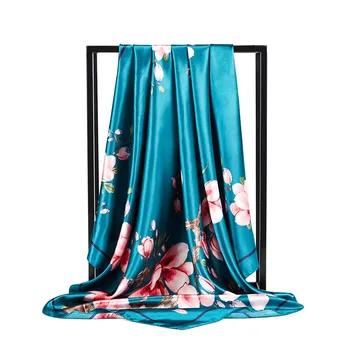 

2019 New Fashion Square Silk Scarf Women Flower Printing Satin Scarves Shawls Ladys Brand Design Handkerchief 90x90cm Bandana