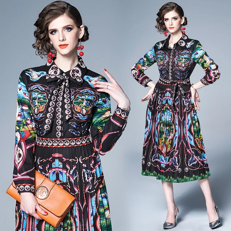 

Ozhouzhan 2019 New Style WOMEN'S Dress Fold-down Collar Bow Retro Elegant Printed Waist Hugging Long Sleeve Pleated Dress