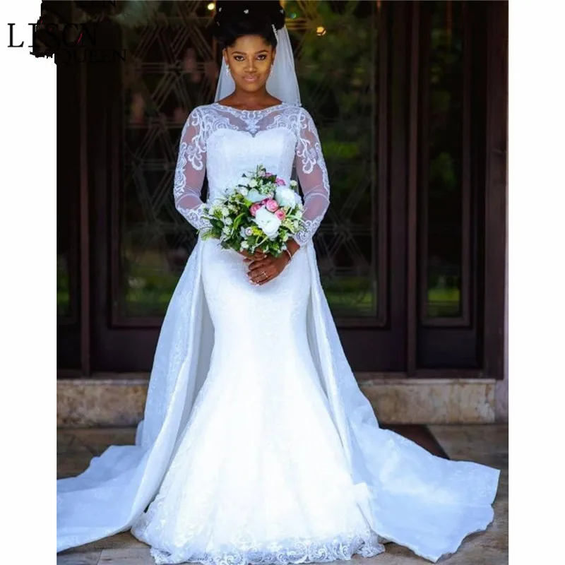 

New Plus Size 2 Pieces African Long Sleeve Lace Mermaid Wedding Dress Pure Detachable Skirt Train Bridal Gowns Robe De Mariee