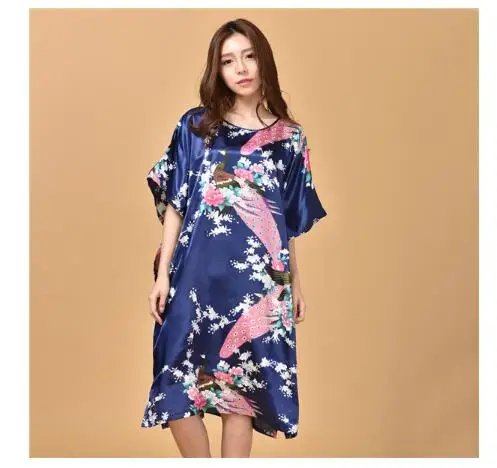 Размера плюс черный Для женщин летние Lounge Robe женские новые пикантные домашнее платье из искусственного шёлка ночной рубашке большой Сорочка свободного кроя халат S002-B - Цвет: navy