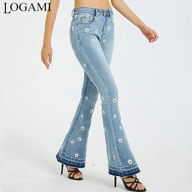 Pantalones vaqueros acampanados con flores bordadas para mujer, Vaqueros Vintage para mujer, vaqueros para primavera y otoño