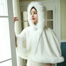 Women Faux Fur Winter Warm Wedding Bridal Cloak Hooded Thicken Thermal Evening Ivory Lady Cape Dinner Outdoor Party Rolled Cloak