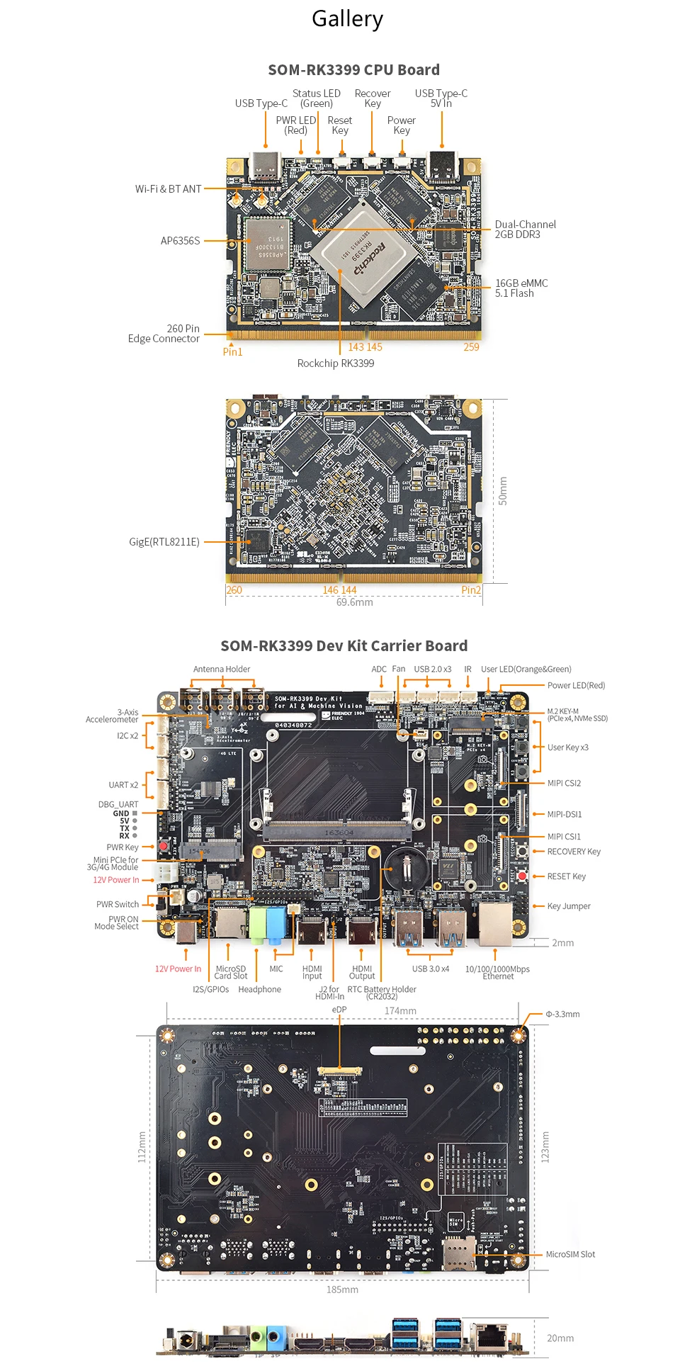 Mcuzone SOM-RK3399 AI Developer kit WiFi BT Поддержка Гбит/с Ethernet и двухэкранный дисплей Android/Ubuntu/QT/buildrootdmi IN/OUT