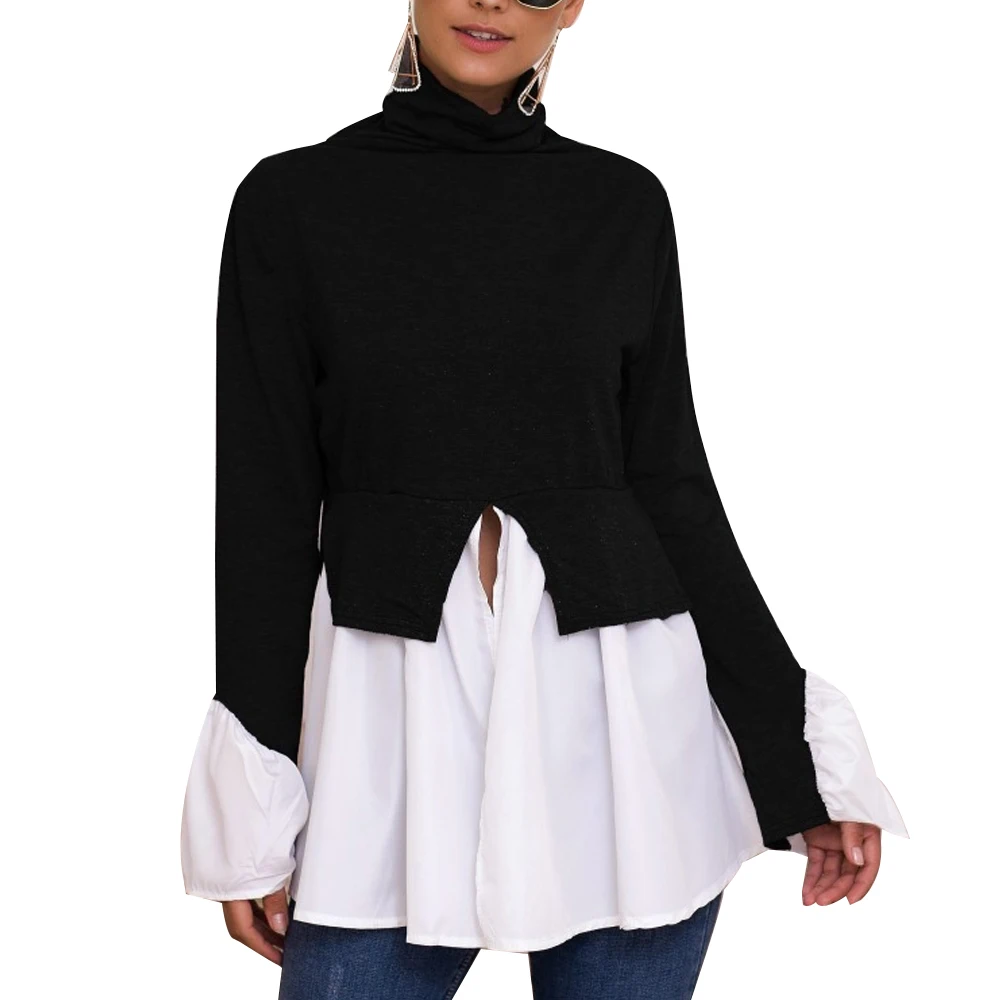 

Loozykit Women's Spring Knit Sweater Patchwork Pullover Sweater Turtleneck Flare Sleeve Long Sleeve Irregular Sweater 2019 New