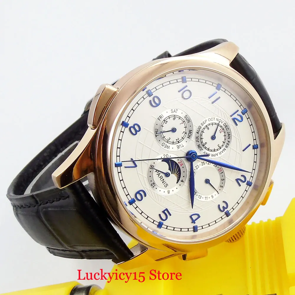 PARNIS многофункциональные мужские часы Moon Phase Дата месяц индикатор Золотой корпус 44 мм наручные часы