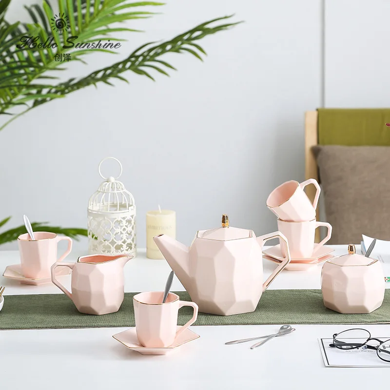 

Nordic Finest Geometric Coffee Pot Set Ceramic Coffee Pot Sugar Bowl Set Milk Pot Cup and Saucer with Tray Tea Set Tea Ceremony