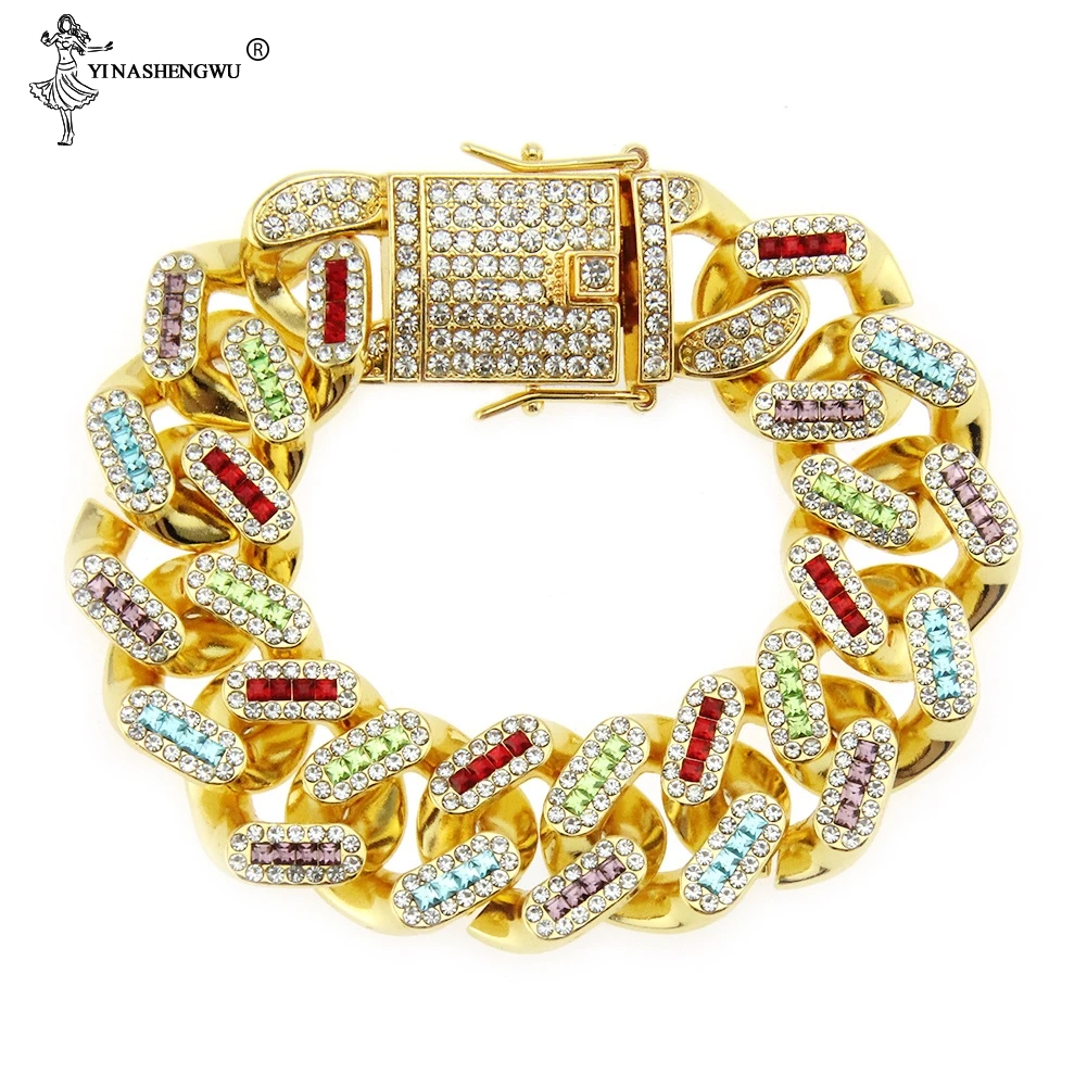 Хип-хоп Bling Iced Out, кубинская Цепочка с кристаллами, унисекс, браслет, полный цвет, браслеты, ювелирные изделия, длина 8 дюймов
