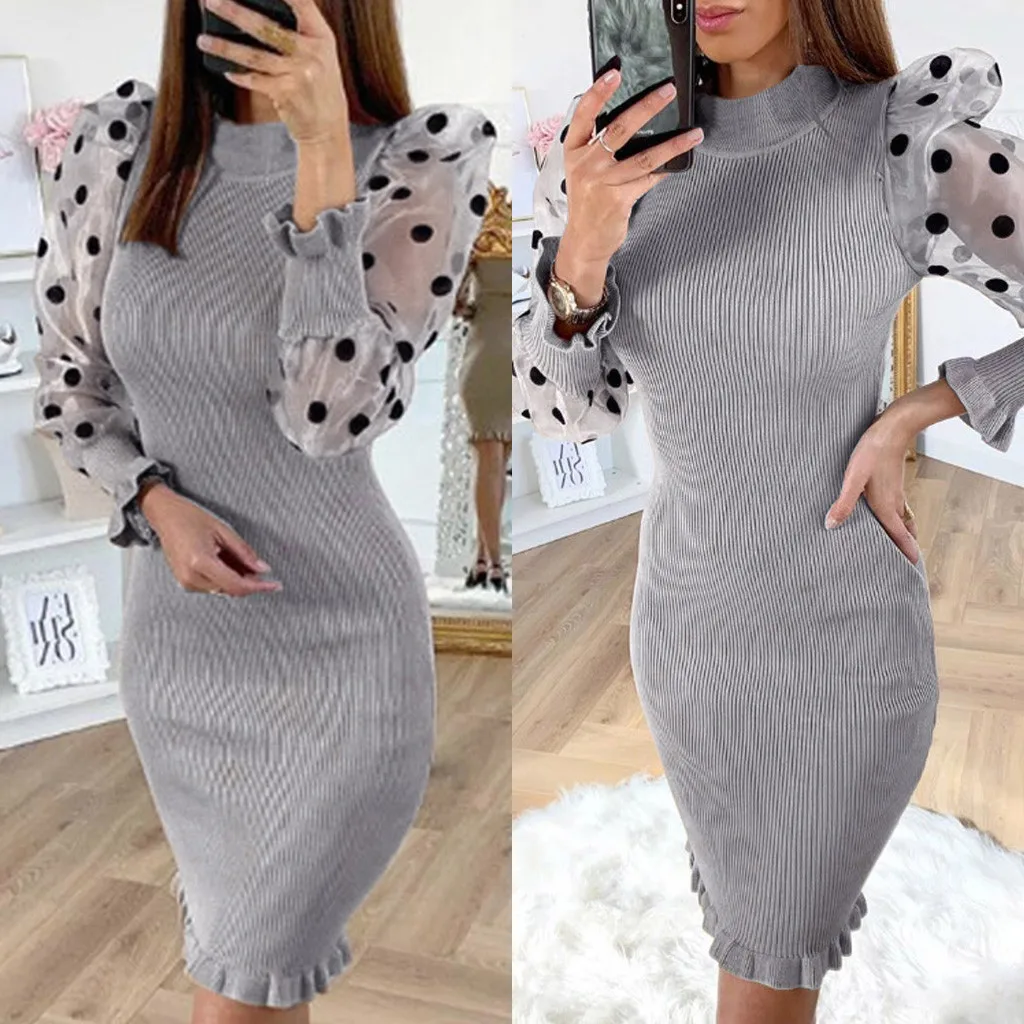 Женское платье в горошек с пышными рукавами и оборками на подоле | Женская одежда