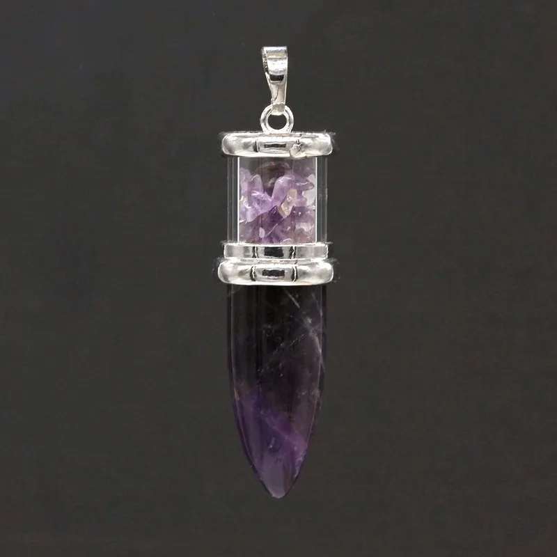 KFT Natural Healing Crystal Quartz Reiki Necklace Amethysts Stone Bullet Shape Wishing Bottle Stones Pendant Pendulum Women Men
