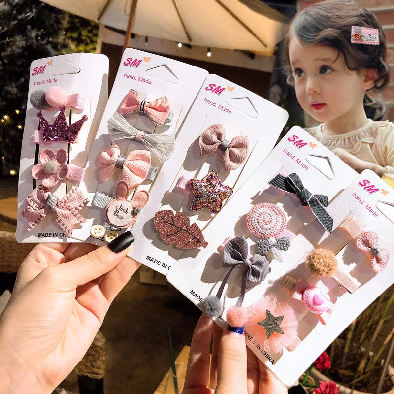 

4PCS Hairpin Children Cartoon Set Simple Does Not Hurt The Hair Side Clip Accessories Bowknot Crown Stars Various Styles Cute