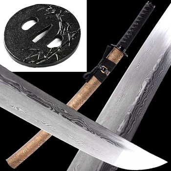 

Leather Scabbard/Iron Bamboo Tsuba Japanese Samurai Sword Katana Full Tang Damascus Steel Sharp Wakizashi Battle Knife Saber