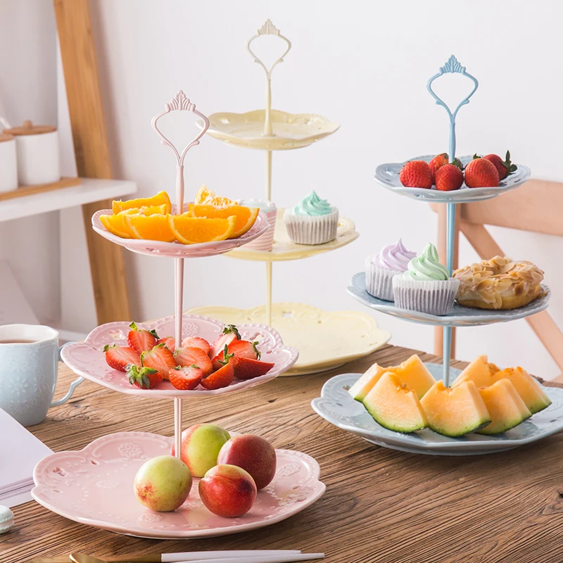 

European Pink Hollow Ceramic Three-layer Fruit Plate Cake Dish Afternoon Tea Snack Tray Buffet Display Stand Table Decoration