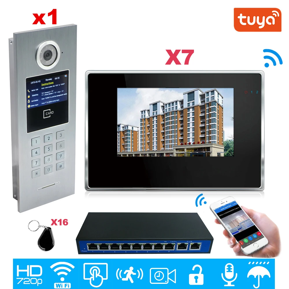 TuyaSmart APP Supported 960P WiFi Video Door Phone 7'' IP Video intercom Security Home Access Control System Keypad/IC Card/1-7