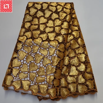 

Gold Love pattern nigerian lace fabrics Latest Double mesh embroidery sequins organza lace fabric with sequins 5yards/lot