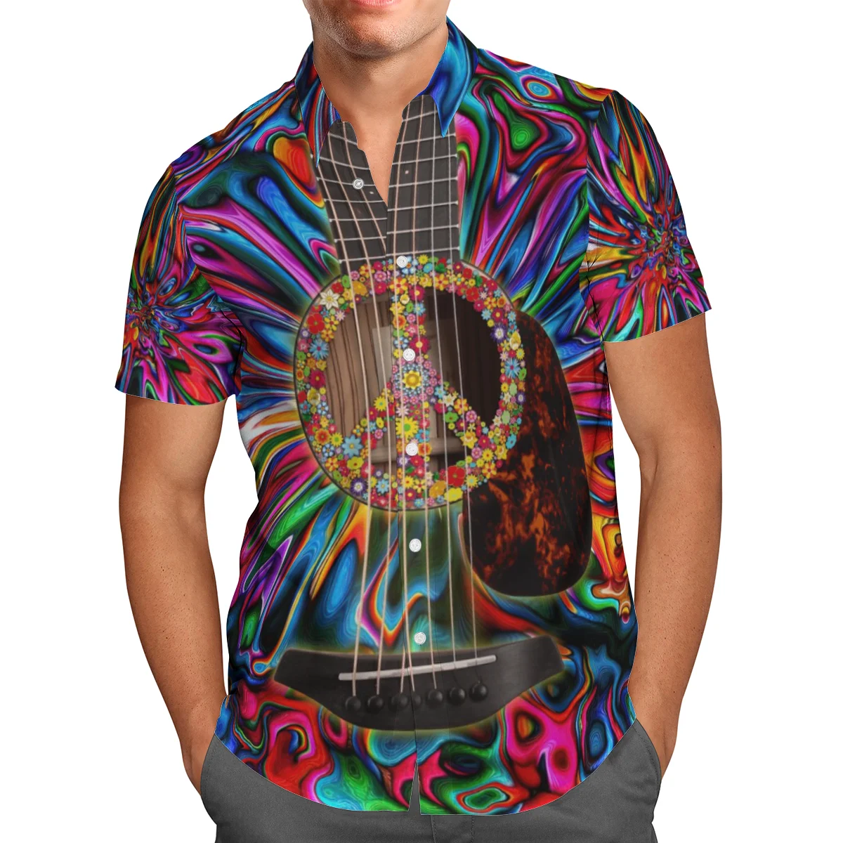 Мужская пляжная гавайская рубашка Hippie Guitar 3D летняя мужская с коротким рукавом