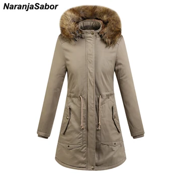 

NaranjaSabor New Women's Fleece Parker Coat Women Thick Fur Collar Hooded Long Jackets Female Casual Fashion Cotton Outwear N581